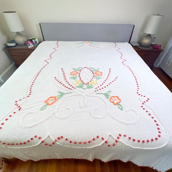 Vintage Chenille Bedspread Blanket Full Queen King Off White 92 x 100 Flowers - Picture 2 of 16